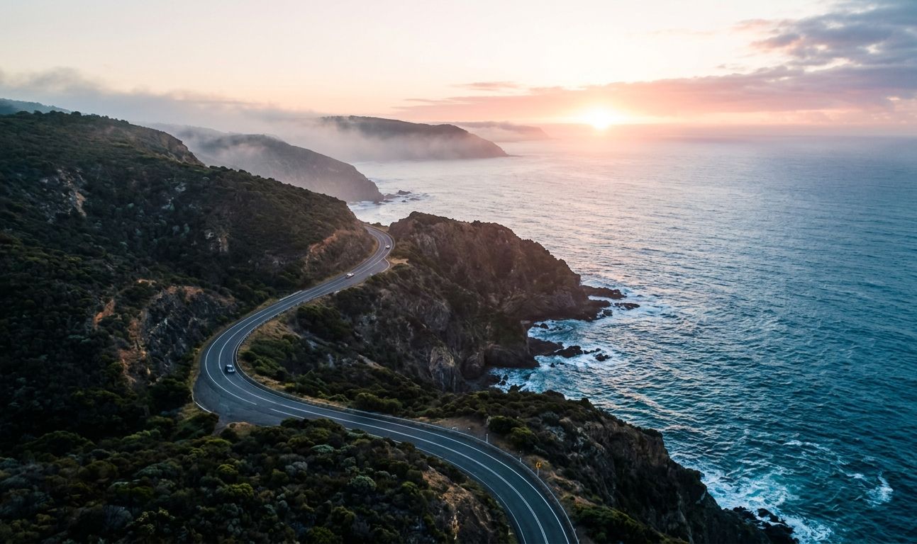 Route sinueuse longeant une côte sauvage au lever du soleil, invitation au voyage et à l'aventure